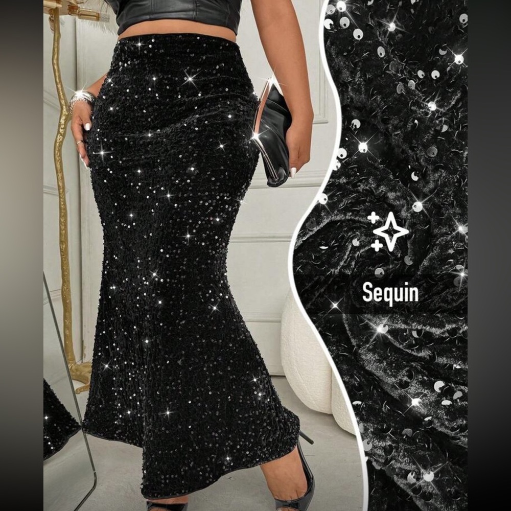 Luxe Velvet Elegant Sequin Fitted Holiday Evening Mermaid Skirt Black